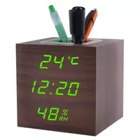 Часы сетевые VST-878S-4, зеленые, (корпус коричневый) температура, влажность, USB